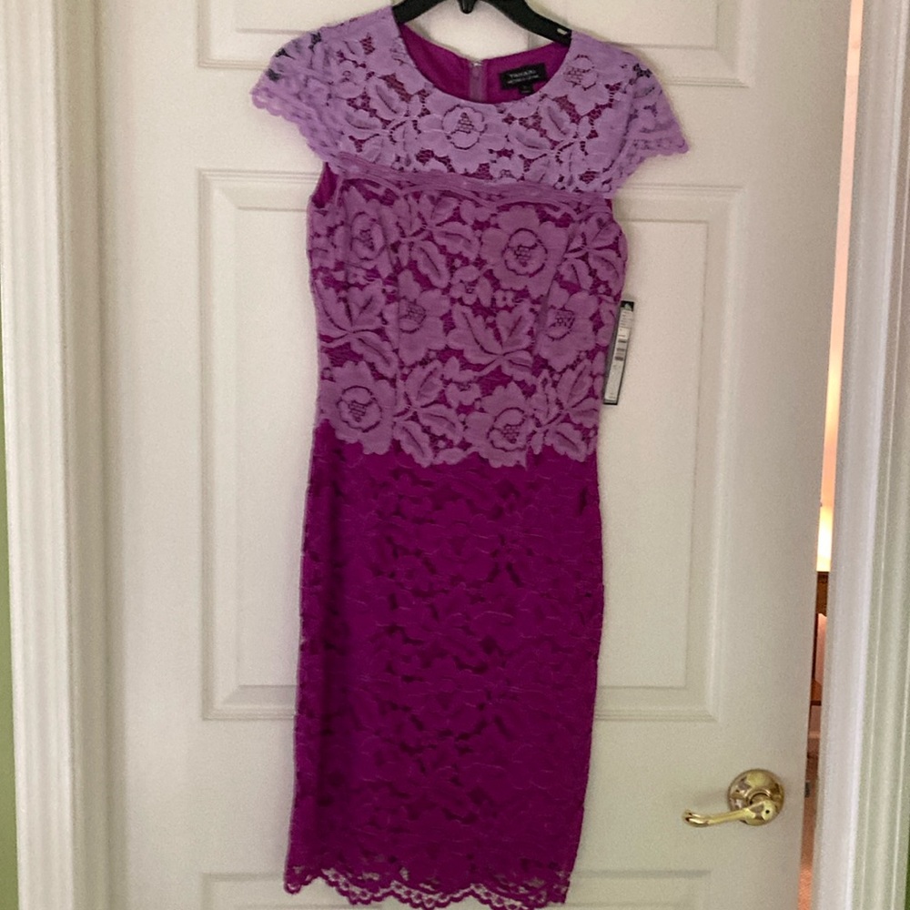 Tahari Purple Sheath Midi Dress with Cap Sleeves